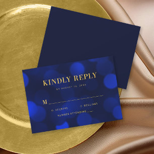 Cartão RSVP Luzes Bokeh Azul Safira Dourado Casamento