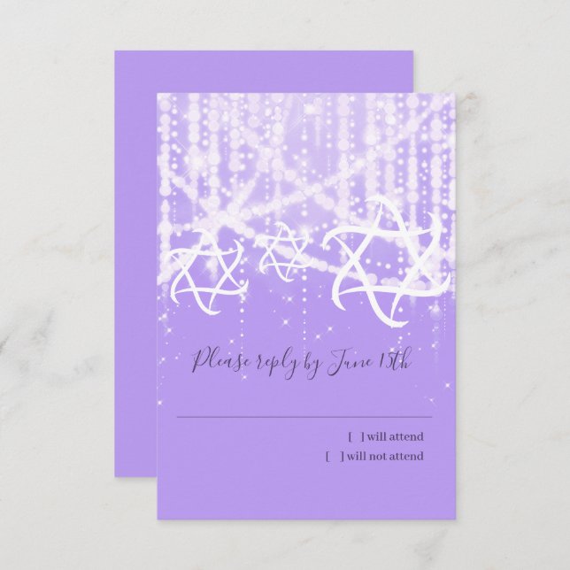 Cartão RSVP Luzes brilhantes brancas da Lavanda do Bat Mitzvah (Frente/Verso)