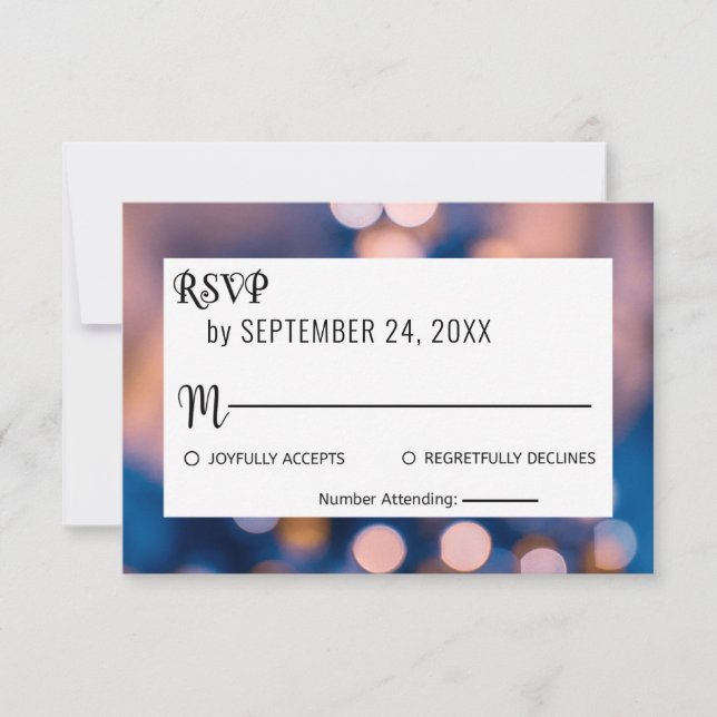Cartão RSVP Luzes brilhantes elegantes bokeh blur blue Wedding (Frente)