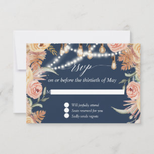 Cartão RSVP Luzes Brilhantes Folhagem Desbotada Floral Rosa Az