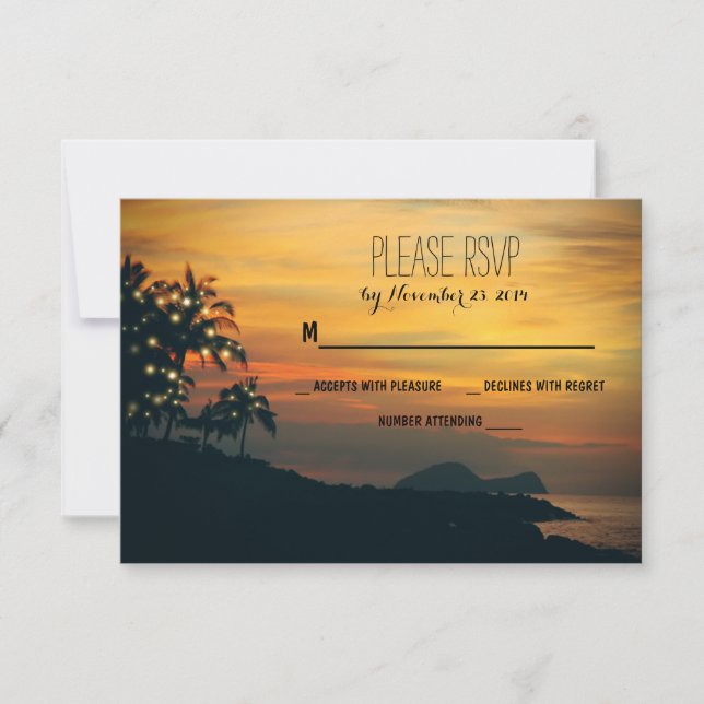 Cartão RSVP Luzes cintilantes palmeiras praia casamento Cartõe (Frente)