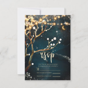 Cartão RSVP Luzes de Árvore Noturna Rústica para Casamento sob