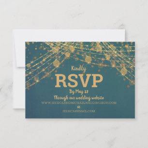 Cartão RSVP Luzes de Corda Brilhantes Turquesa Dourado Casamen