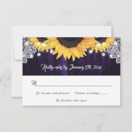 Cartão RSVP Luzes de Corda de Madeira Roxa Casamento Girassol