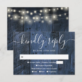 Cartão RSVP Luzes de Corda de Madeira Rústica Azul Casamento W