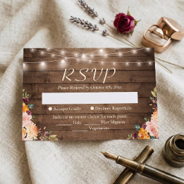 Cartão RSVP Luzes de Corda de Madeira Rústica Casamento Floral