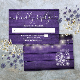 Cartão RSVP Luzes de Corda de Madeira Rústica Roxa em Potes de