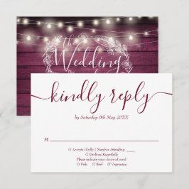 Cartão RSVP Luzes de Corda de Madeira Vermelha Rústica com Let