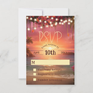 Cartão RSVP Luzes de Corda de Pôr do Sol Tropical Casamento na