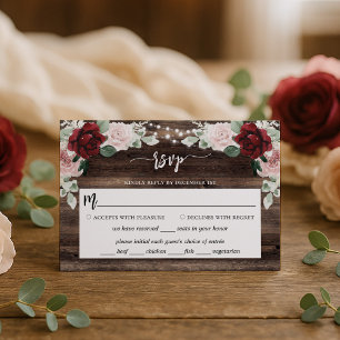 Cartão RSVP Luzes de Corda Eucalipto & Borgonha Casamento Rúst