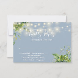 Cartão RSVP Luzes de Corda Florais de Eucalipto Casamento Azul