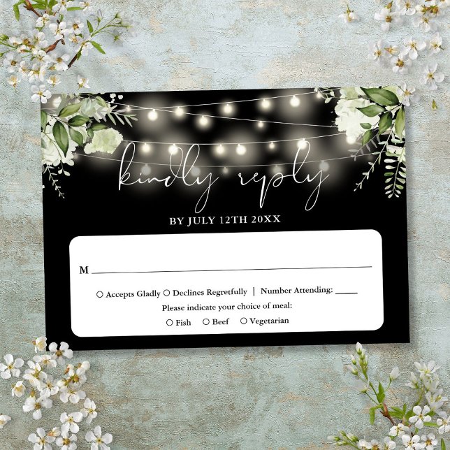 Cartão RSVP Luzes de Corda Florais Preto e Branco Casamento (Floral String Lights Black And White Wedding RSVP Card)