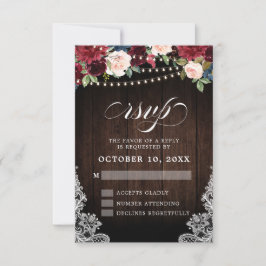 Cartão RSVP Luzes de Corda Floral Burgundy Rústica Casamento