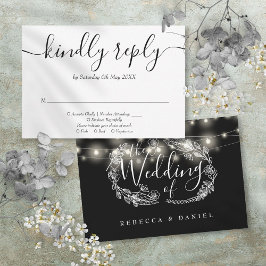 Cartão RSVP Luzes de Corda Preta e Branca Floral Casamento