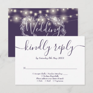 Cartão RSVP Luzes de Corda Roxas Florais Casamento