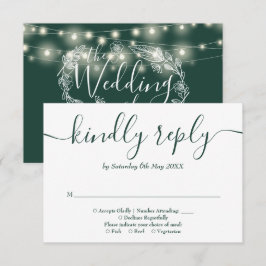 Cartão RSVP Luzes de Corda Verde Esmeralda para Casamento Flor