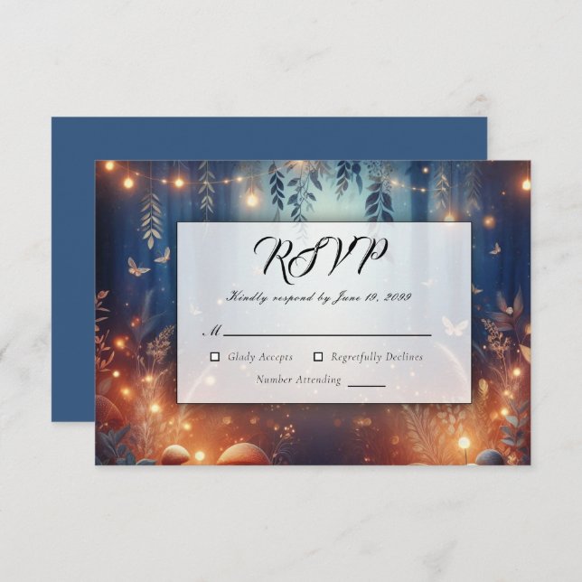 Cartão RSVP Luzes de Fada e Casamento Mágico da Floresta Lua (Frente/Verso)