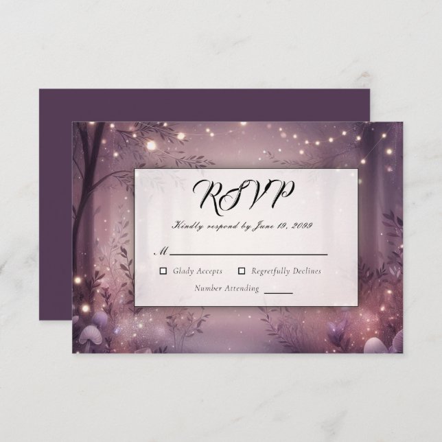 Cartão RSVP Luzes de fada no casamento brilhante em Woodland (Frente/Verso)