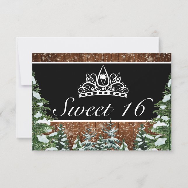 Cartão RSVP Madeira Negra e Floresta Pine Tiara Sweet 16 (Frente)