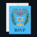 Cartão RSVP Magen Persa David Menorah<br><div class="desc">Uma placa RSVP para acompanhar os convites do Bar/Bat Mitzvah com o mesmo design. Esta imagem foi adaptada de um antigo azulejo judeu persa e apresenta uma menorah com um Magen David (Estrela de David) enquadrado por ramos de oliveira. As imperfeições da imagem original pintada à mão foram preservadas.</div>