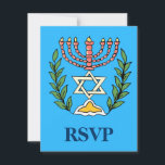 Cartão RSVP Magen Persa David Menorah<br><div class="desc">Uma placa RSVP para acompanhar os convites do Bar/Bat Mitzvah com o mesmo design. Esta imagem foi adaptada de um antigo azulejo judeu persa e apresenta uma menorah com um Magen David (Estrela de David) enquadrado por ramos de oliveira. As imperfeições da imagem original pintada à mão foram preservadas.</div>