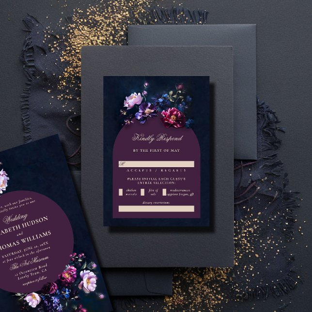 Cartão RSVP Maldição Romântica Escura Florais Jewel Casamento  (dark romantic wedding RSVP reply respond jewel moody floral painting modern classic elegant formal)