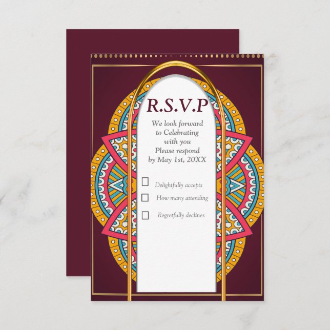 Cartão RSVP Mandalas em fundo Maroon (Frente/Verso)