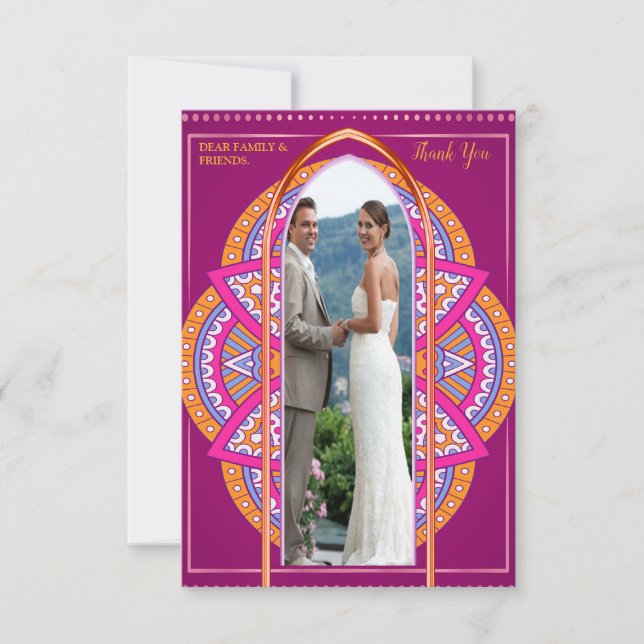 Cartão RSVP Mandalas em mistura Cerise Pink, blues e Laranja (Frente)