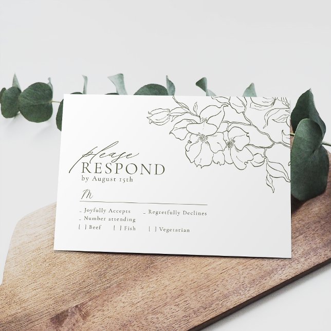 Cartão RSVP Mão elegante traçada floral, casamento verde (Elegant hand drawn floral sage green wedding RSVP card)