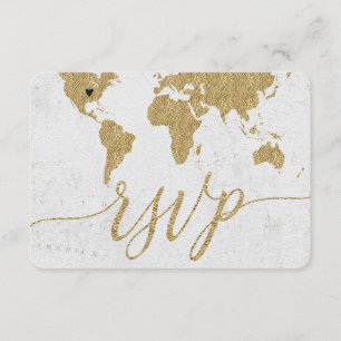 Cartão RSVP Mapa Mundial Dourado para Casamento de Destino Per