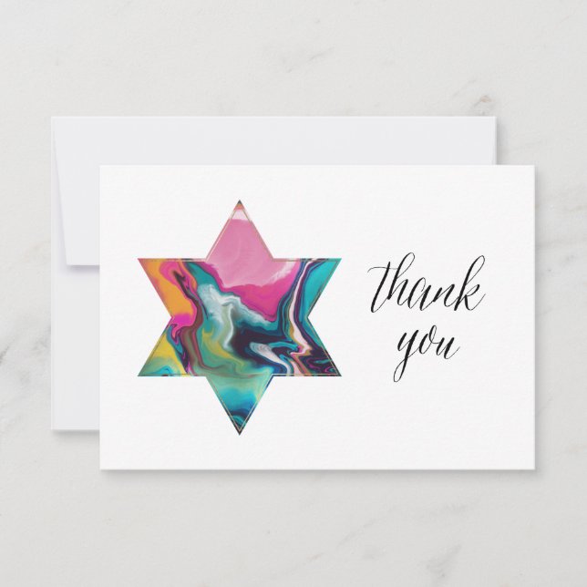 Cartão RSVP Marbled Rainbow Jewish Star Bat Mitzvah Obrigado (Frente)