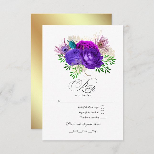 Cartão RSVP Mardi Gras Watercolor Floral Quinceañera (Frente/Verso)