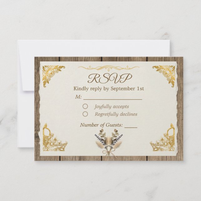 Cartão RSVP Marfim Dourado Boho Floral Rústico Elegante Script (Frente)