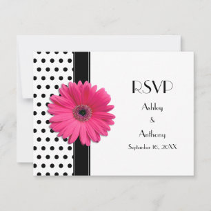 Cartão RSVP Margarida Rosa Preto Branco Bolinhas Casamento RSV