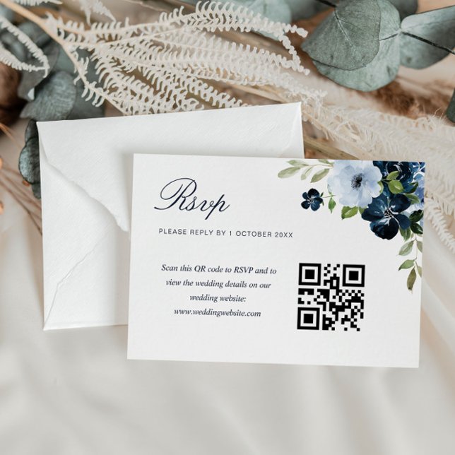 Cartão RSVP marinho azul azul azul de casamento floral código  (Criador carregado)