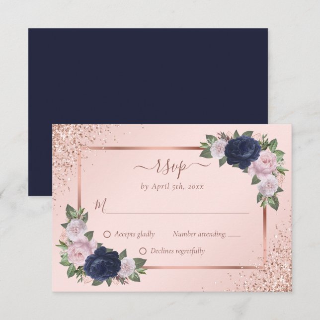 Cartão RSVP Marinho Azul Blush Rosa Dourado Casamento Floral (Frente/Verso)