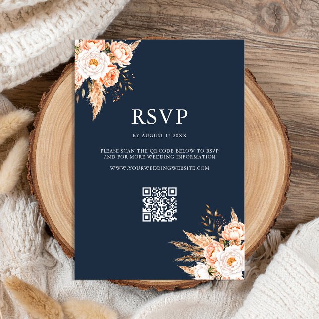 Cartão RSVP Marinho Azul Boho Chic Casamento Floral (Criador carregado)