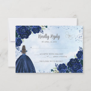 Cartão RSVP Marinho azul Cinza flórica Princesa Quinceañera