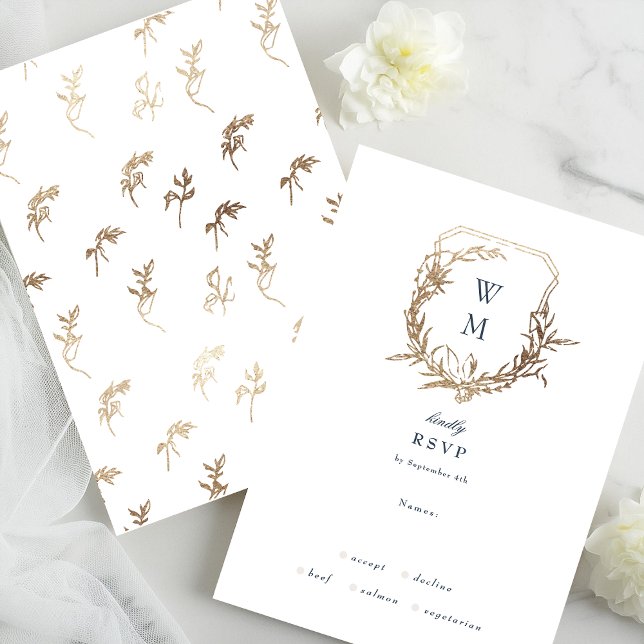 Cartão RSVP Marinho Azul, clássico, casamento da crista Dourad (Criador carregado)