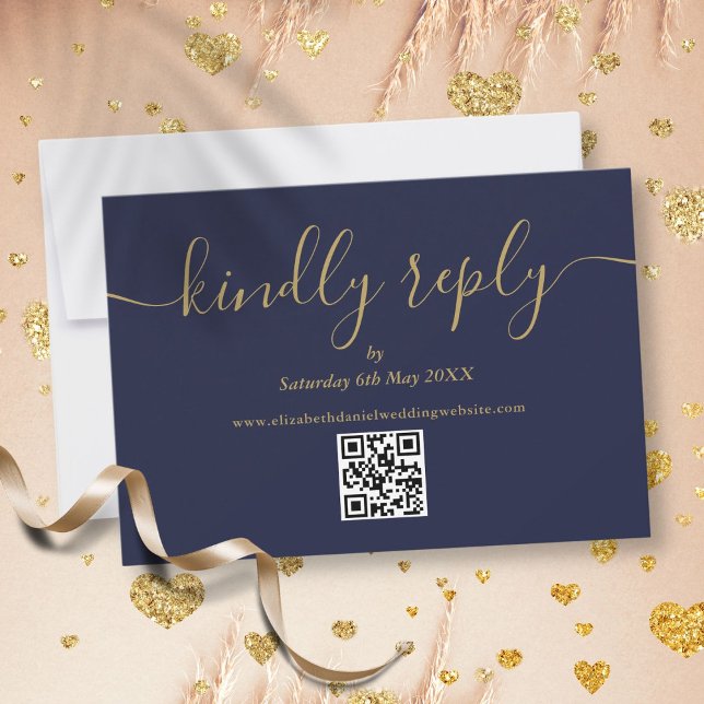 Cartão RSVP Marinho Azul Dourado Código QR Correspondente com  (Navy Blue Gold QR Code Elegant Script Kindly Reply RSVP Card)