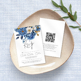 Cartão RSVP Marinho Azul Dourado Florais Código QR Casamento