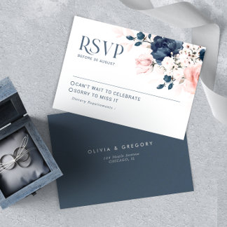 Cartão RSVP Marinho Azul e Buquê Floral Rosa Rosa Esmagado Cas