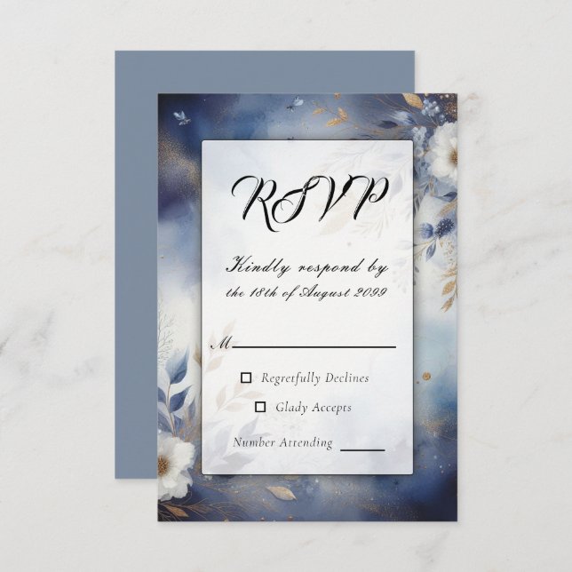 Cartão RSVP Marinho Azul e Dourado Casamento Floral (Frente/Verso)