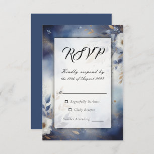 Cartão RSVP Marinho Azul e Dourado Casamento Floral