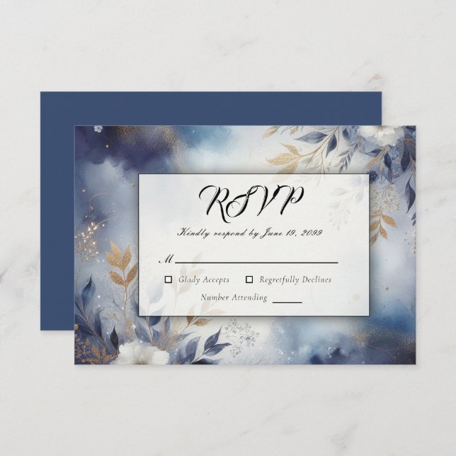 Cartão RSVP Marinho Azul e Dourado Casamento Floral (Frente/Verso)