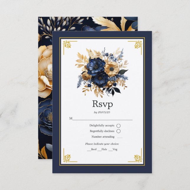 Cartão RSVP Marinho Azul e Dourado Casamento Floral (Frente/Verso)
