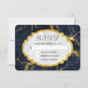 Cartão RSVP Marinho Azul e Dourado Marble Modern Casamento com