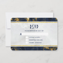 Cartão RSVP Marinho Azul e Dourado Marble Modern Casamento com