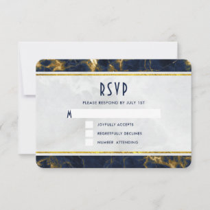 Cartão RSVP Marinho Azul e Dourado Marble Modern Casamento com