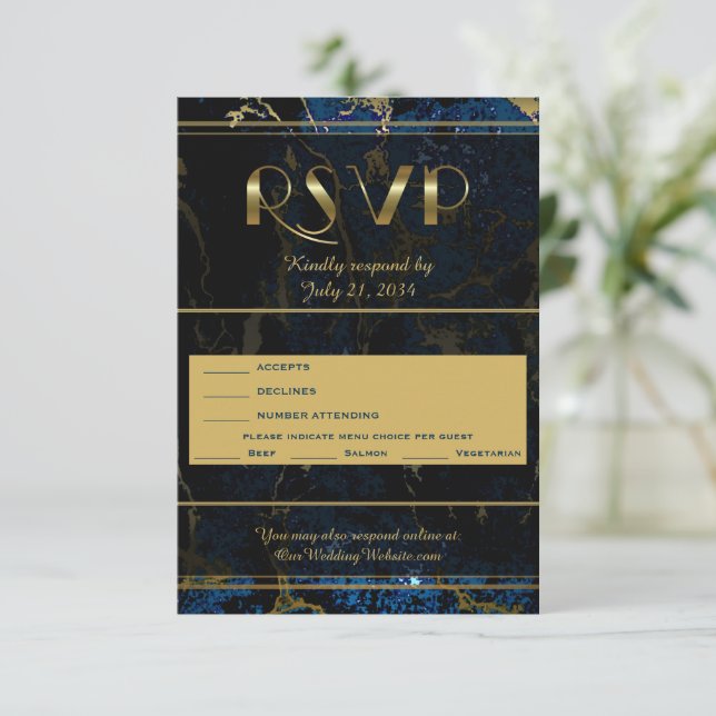 Cartão RSVP Marinho Azul e (Faux) Casamento Dourado de Marble (Em pé/Frente)